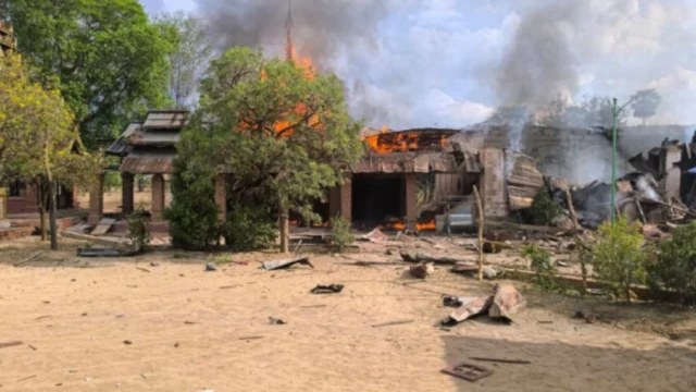 File image: Monastery after being hit by air strike in Mandalay Region’s Natogyi Township on April 14, 2025. Photo: AFP