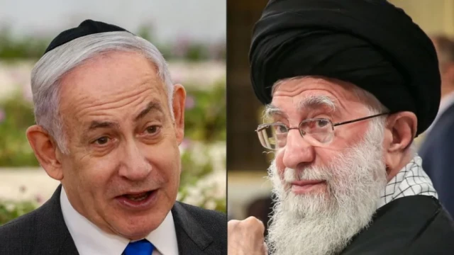 Collage photo of Israel's Prime Minister Benjamin Netanyahu, left, speaking during a state memorial ceremony in Tel Aviv on June 18, 2024; Iran's Supreme Leader Ayatollah Ali Khamenei showing him duri
